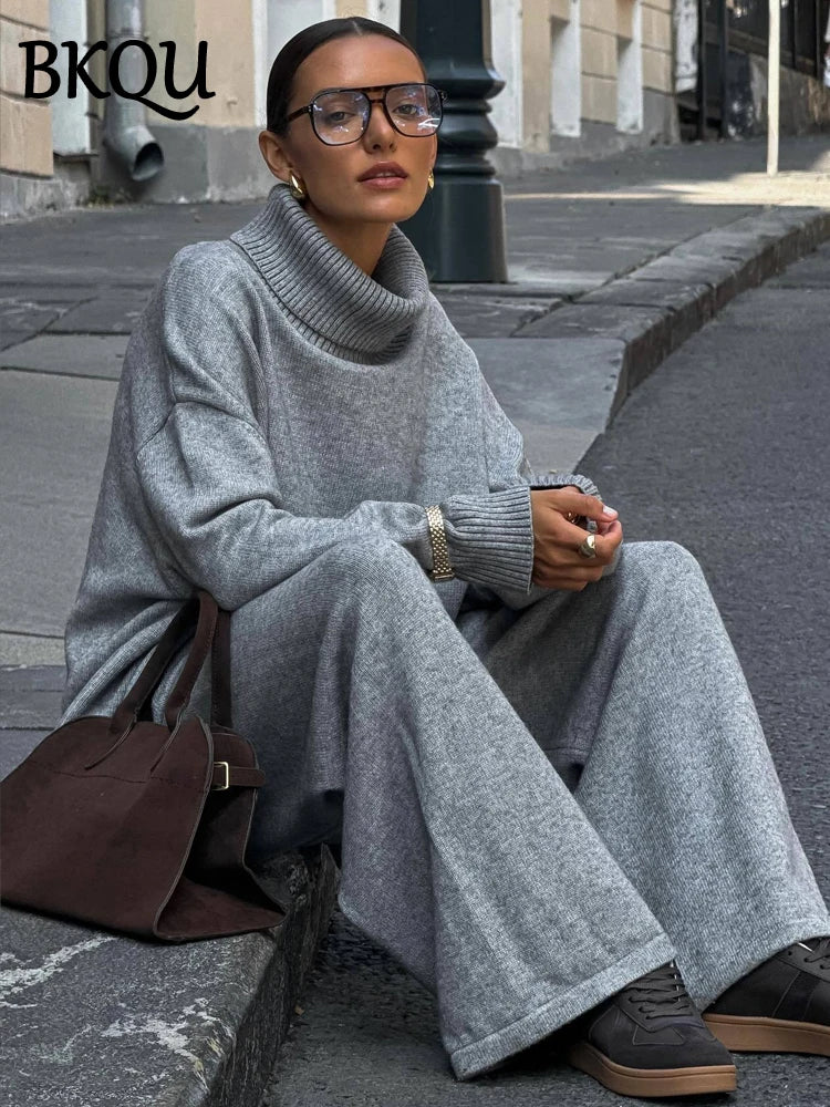 BKQU Autumn Winter Knitted 2 Pieces Women Sets Turtleneck Sweater Wide Leg Pants Suit Commute Street Lady Warm Tracksuit Outfits