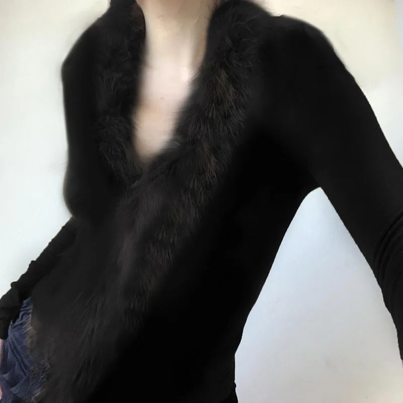 BKQU Fur Collar Long Sleeve Pullover Tops Women French Elegant V Neck Furry Slim T-shirt Autumn Winter Black Tees Y2K Streetwear