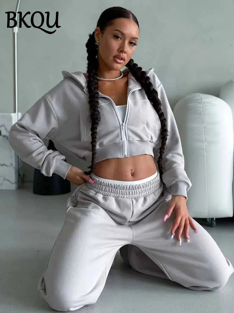 BKQU Pants 2 Piece Set Women Hoodies Tracksuit 2025 Spring Casual Zip Long Sleeve Jacket +Elastic Waist Sweatpants Matching Suit