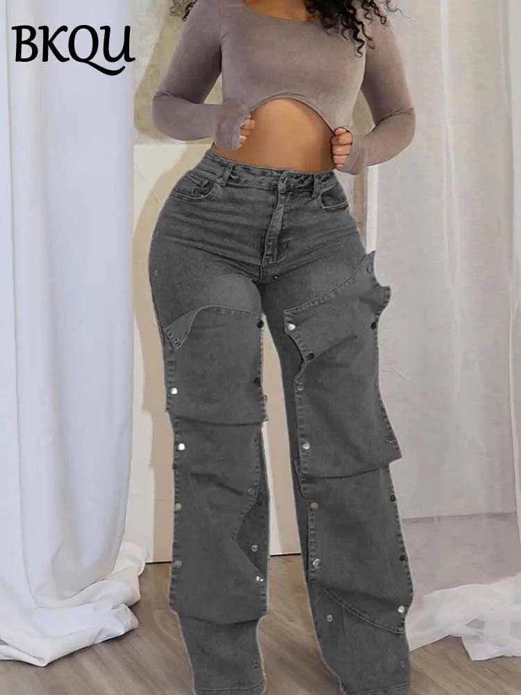 BKQU Cargo Detachable Buttons Straight Denim Pants Women Fashion Retro High Waist Streetwear Elastic Wide Leg Jeans Trouser 2025