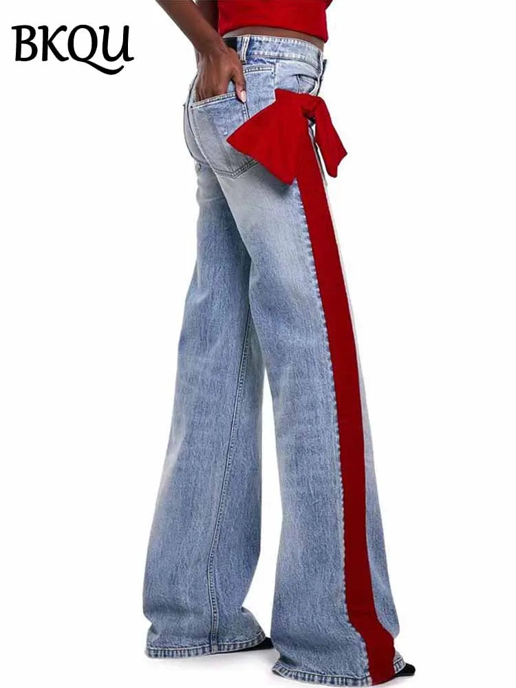 BKQU Splicing Jeans Women Fashion Contrast Side Bow Loose High Waist Straight Denim Pants 2025 Spring Temperament Street Jeans