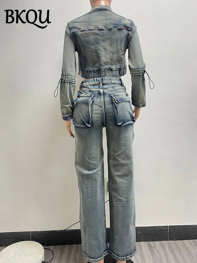 BKQU Cargo Denim Pants Two Piece Sets Women Long Sleeve Zipper Short Jacket Multi-Pocket Straight Jeans Retro High Street Outfit