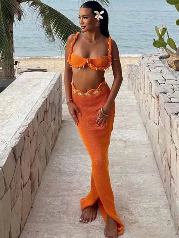 Chic Knitted Bikini Vest Skirt Sets Women Shell Twist Strap Backless Crop Top Hip Package Split Long Skirt 2 Piece Beach Outfits