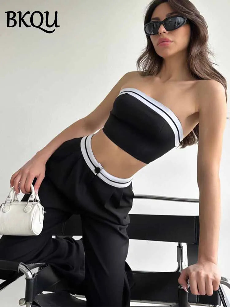 BKQU Strapless Vest Pants 2 Piece Set Women's 2025 Summer Contrast Sports Tube Bra + Wide Leg Trousers Casual Lady Street Outfit