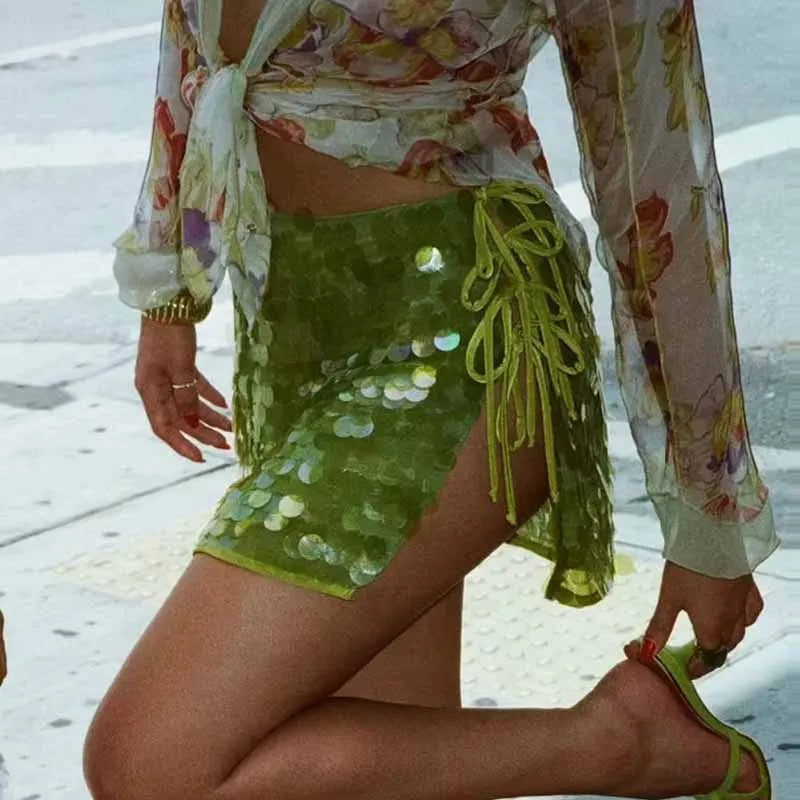 BKQU Summer Chic Sequined Mini Skirt Women Sparkle High Waist Side Split Lace Up A-line Skirt 2025 Fashion Sexy Party Rave Skirt