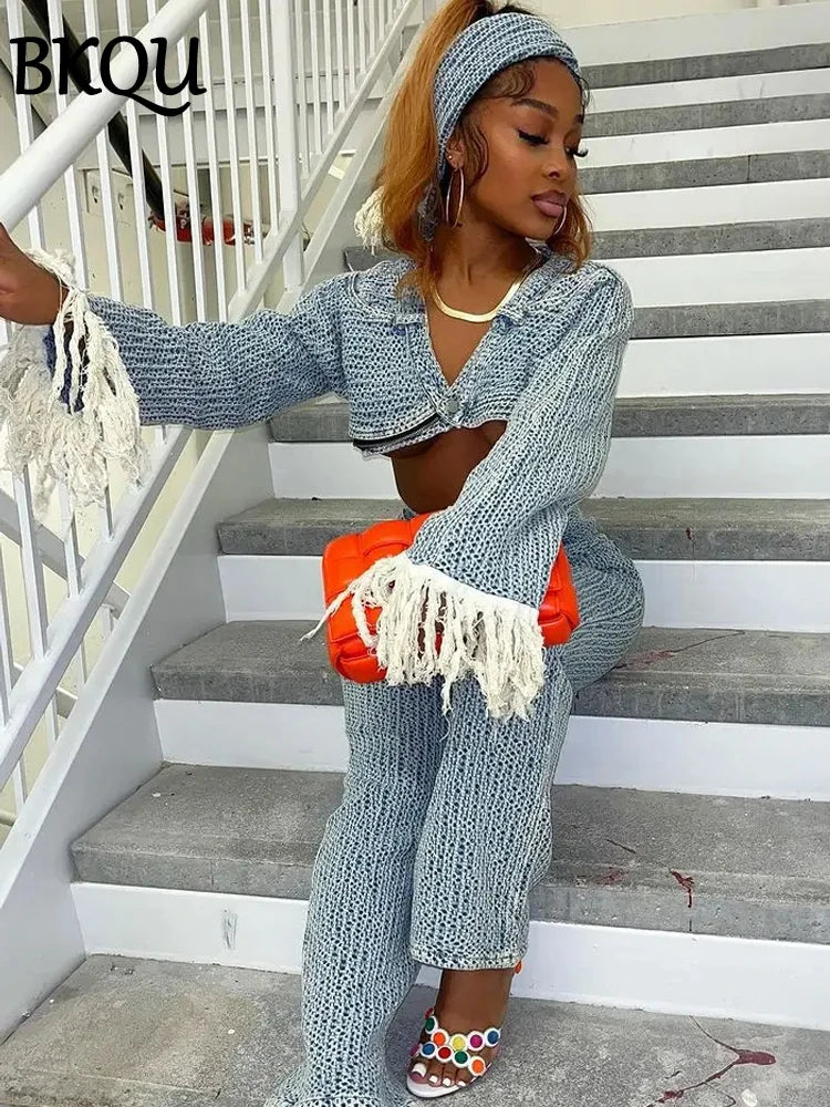 BKQU Autumn Denim Pants Two Piece Sets Women Long Sleeve Tassel Short Jacket and Wide Leg Straight Jeans Matching Set Streetwear