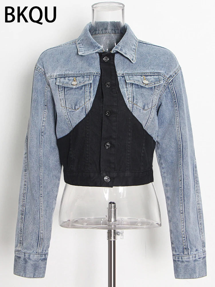 BKQU Jeans Women Pencil Pants 2023 Fashion High Waist Contract Color Patchwork Split Long Denim Pants Elastic Skinny Trousers