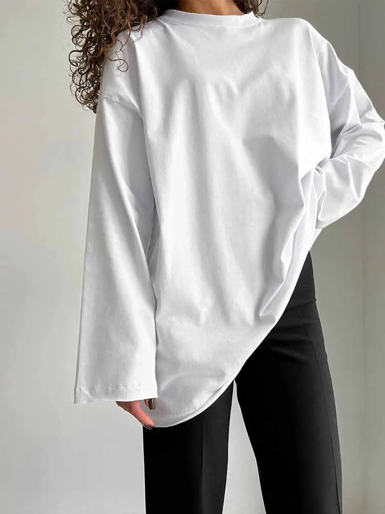 BKQU 100%Cotton T-shirt Women's Classic 2025 Spring O-Neck Long Sleeved Oversize T Shirt  Loose Casual Solid Color Pullover Tops