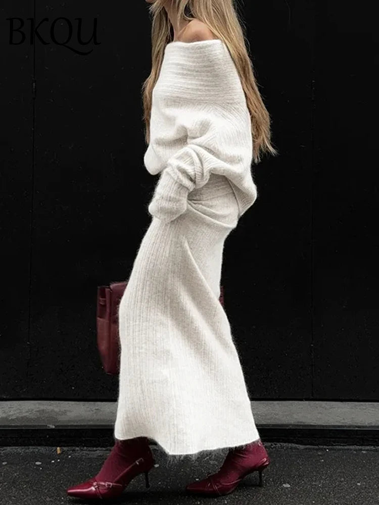 BKQU Knitted Skirt Two Pieces Set Women Sexy One-Shoulder Long Sleeve Sweater Pullover Elegant Long Skirt Suit Autumn Party Wear