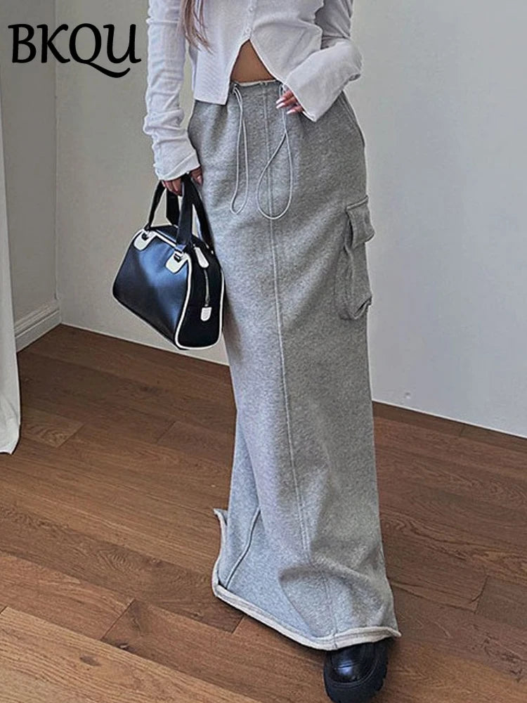 BKQU Pockets Adjustable Drawstring Split Long Skirt Women Fashion High Waist Straight Cargo Skirts 2024 Street Casual Maxi Skirt