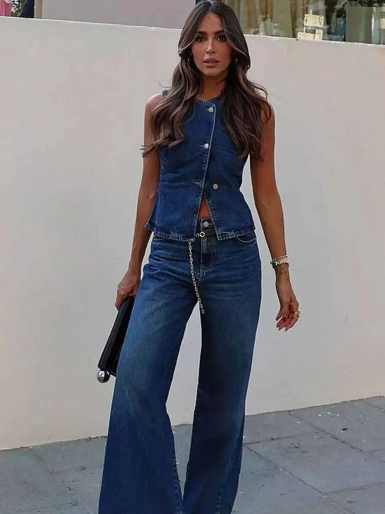 BKQU Elegant Waistcoat Jeans Suit Women 2025 Fashion Single Breasted Sleeveless Slim Vest Denim Wide Leg Pants 2 Piece Sets Lady