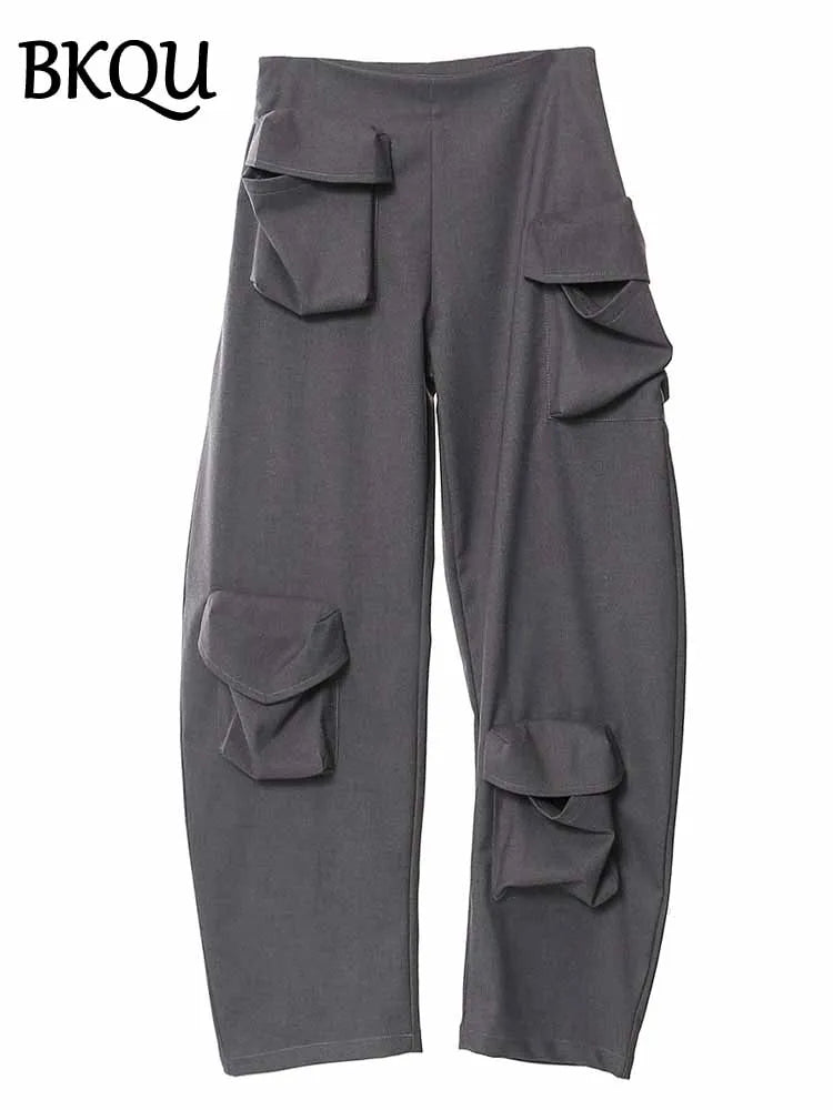 BKQU Multi Pockets Cargo Pants Women Gray Baggy Sweatpants 2025 Streetwear Fashion Low Waist Oversized Joggers Straight Trousers