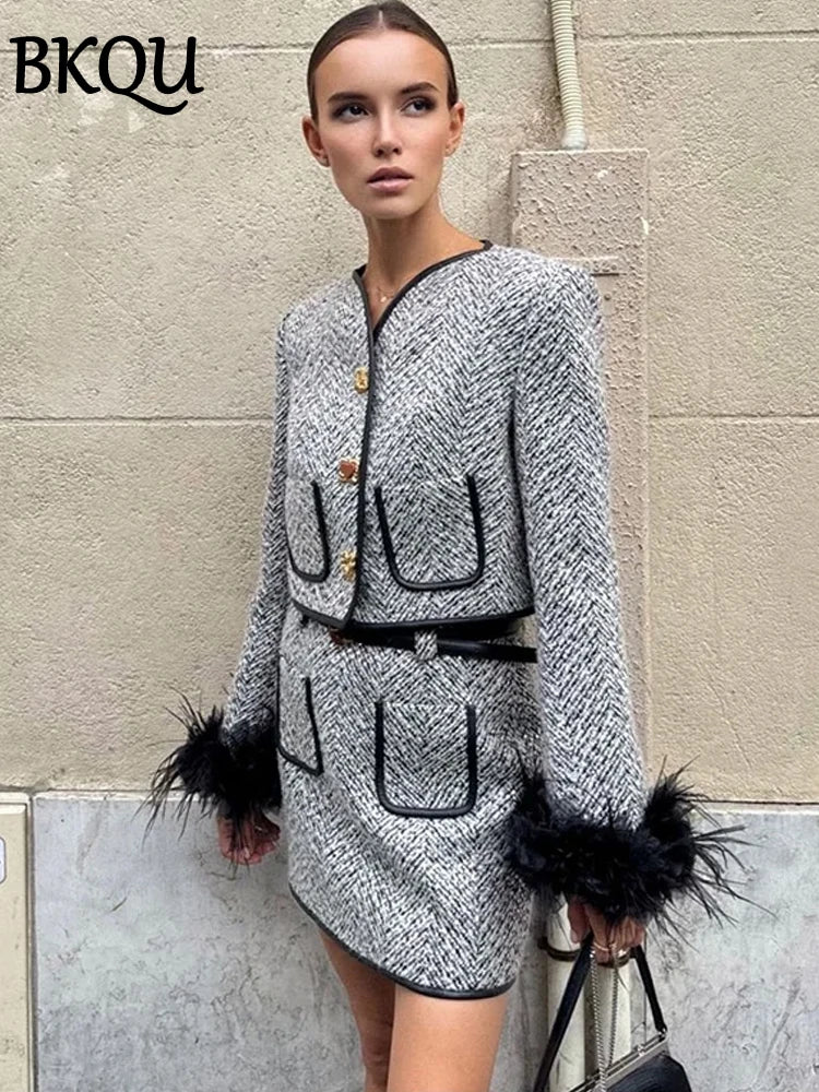 BKQU Tweed Jacket Mini Skirts Two Piece Set For Women Elegant V-neck Single Breasted Feather Sleeve Coat Female Chic Skirt Suits