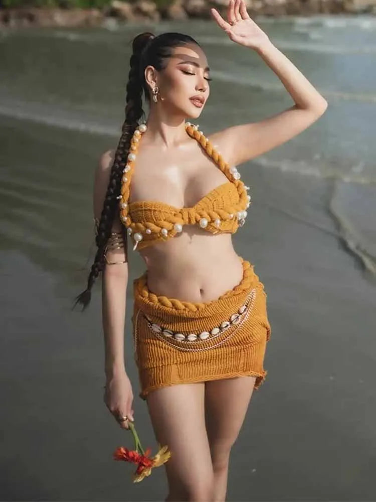 BKQU Twist Sexy Knitted Two Piece Set Women Fashion Pearls Decoration Halter Bikini Tops Mini Skirt Lady Beach Vacation Outfits