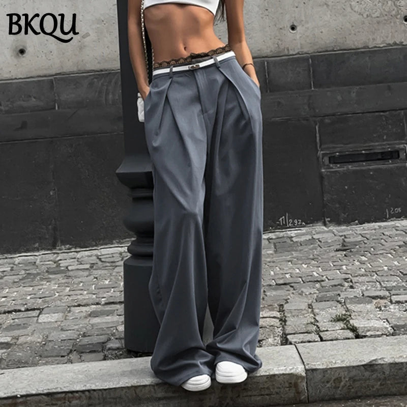 BKQU Gray Baggy Suit Pants Woman Lace Patchwork Korean Fashion Office Ladies Wide Leg Trousers 2024 Streetwear Oversized Slacks