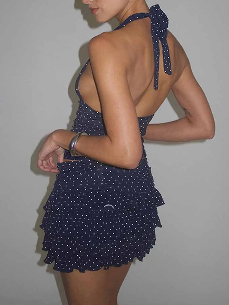 BKQU Polka Dots Skirt Two Piece Set Women Sexy V-Neck Halter Backless Tank Top+Mini Ruffle Cake Skirts Summer Y2k Vacation Sets