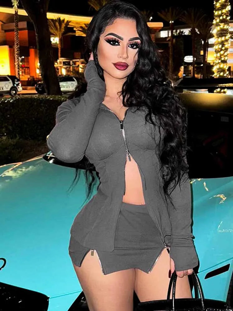 BKQU Stretch Women Tracksuit 2 Piece Set Ribber Zipper Long Sleeve Hoodie+Wrap Hip Split Mini Skirts Outfits Female Streetwear