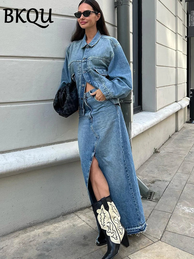 BKQU Split Denim Skirts For Women 2024 Autumn Blue High Waist Wrap Hips Office Lady Long Skirt Elegant Streetwear Wholesale