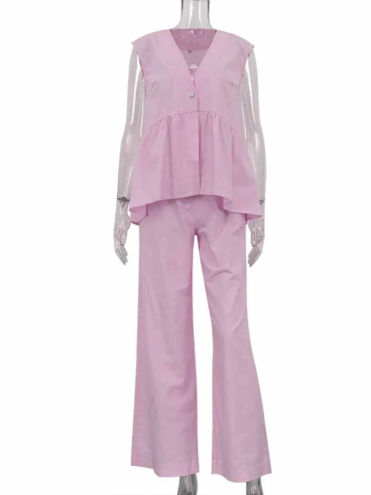 BKQU Fashion Pink Cotton Linen 2 Piece Set Women Summer V-Neck Sleeveless Tank Top High Waist Casual Wide Leg Pants Suits 2025
