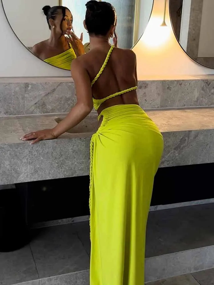 BKQU Elegant Ruched 2 Piece Set Women Irregular Skew Collar Backless Crop Tops+Hollow Out Maxi Skirt Sexy Matching Vacation Suit