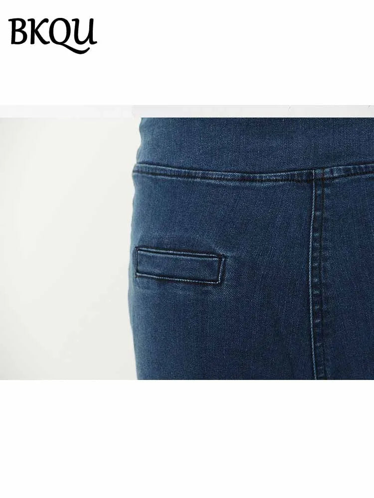 BKQU Skinny Pencil Jeans Women Beaded Decoration Fashion Irregular Waist Stretch Denim Pants 2025 New Elegant Jeans Trousers y2k