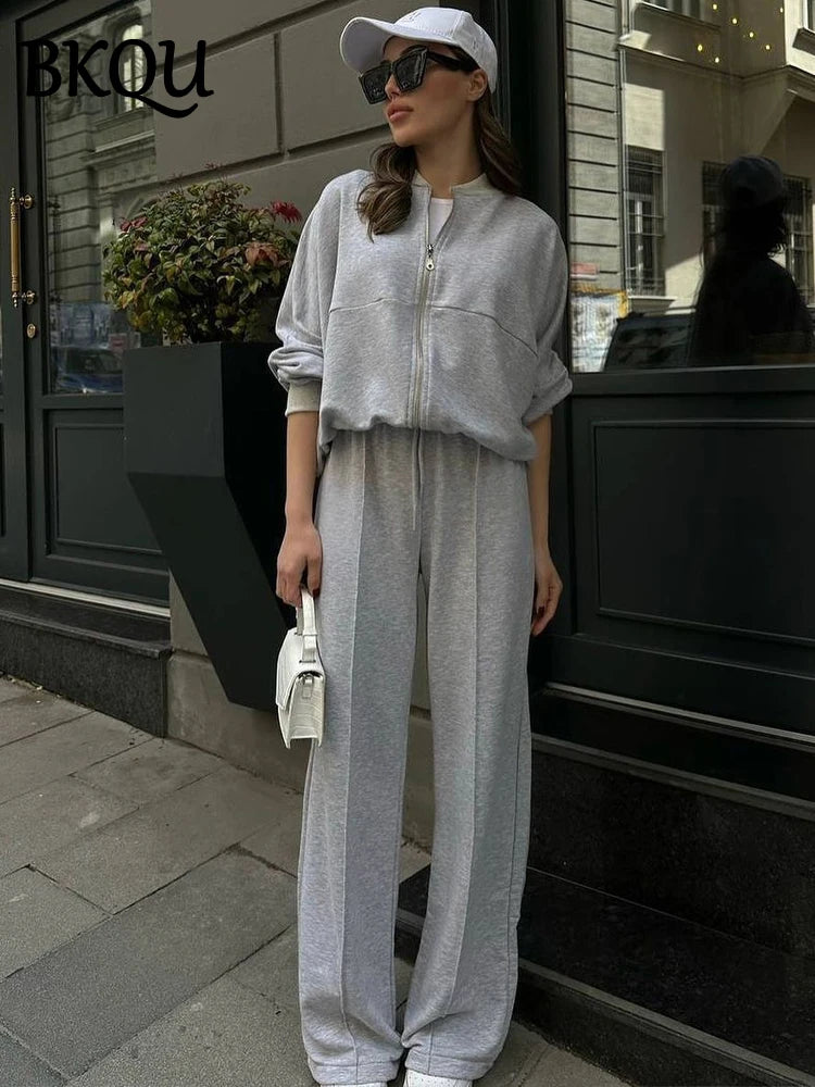 BKQU Bomber Jacket Pants Women Two Pieces Set Casual Long Sleeve Zipper Sweatshirt+Lace-up Trousers Suit Chic Autumn Sportwear