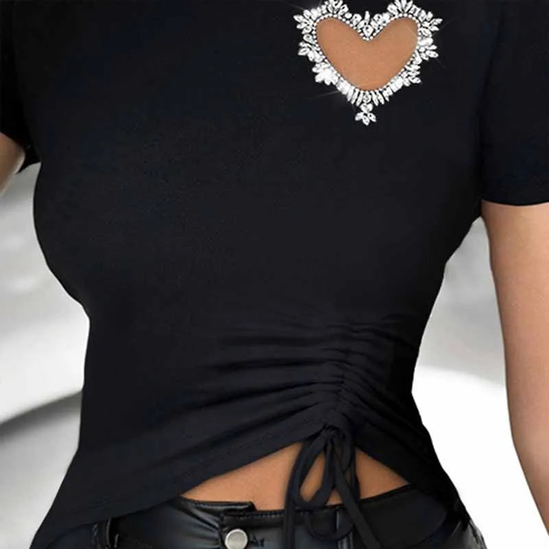 BKQU Rhinestone Fashion T-Shirt Women Y2k Tops Hollow Love Drawstring Casual O-Neck Short Sleeve Tee Tops Daily Streetwear 2025