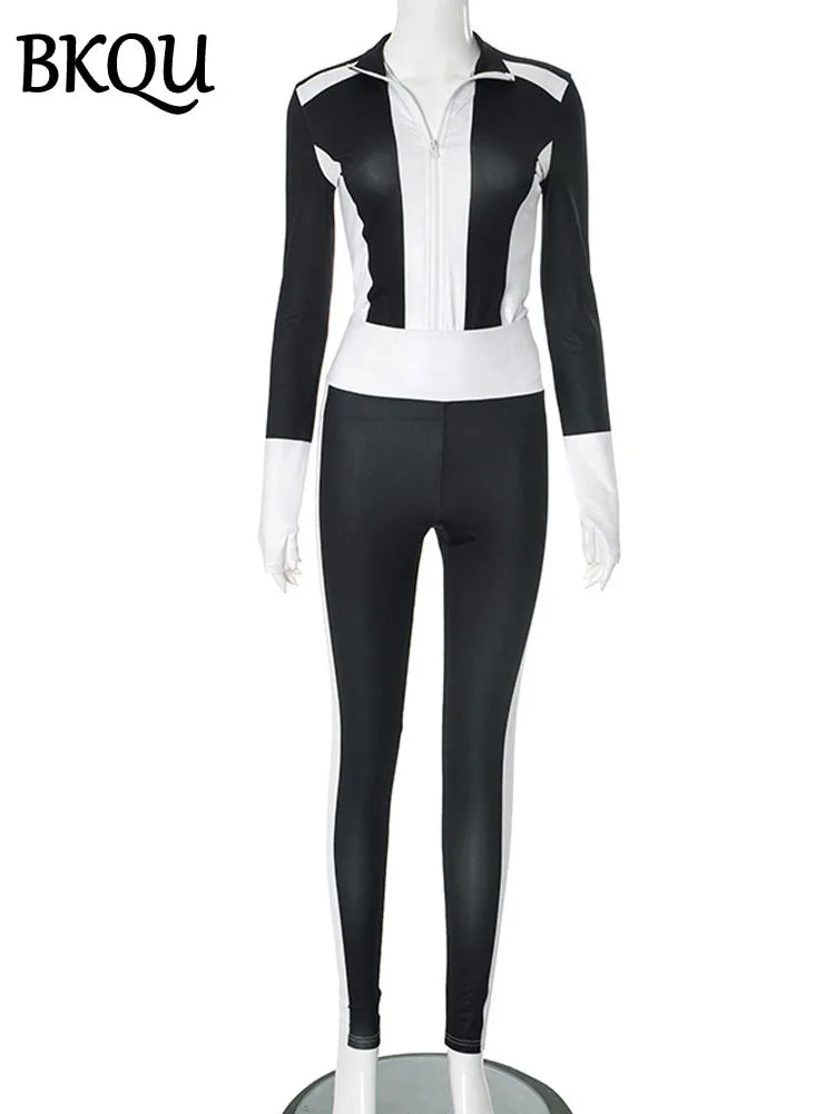 BKQU 2 Piece Tracksuit Casual Outfits Women Contrast Patchwork  Long Sleeve Zip Crop Tops Legging Pants Sporty Matching Set 2025