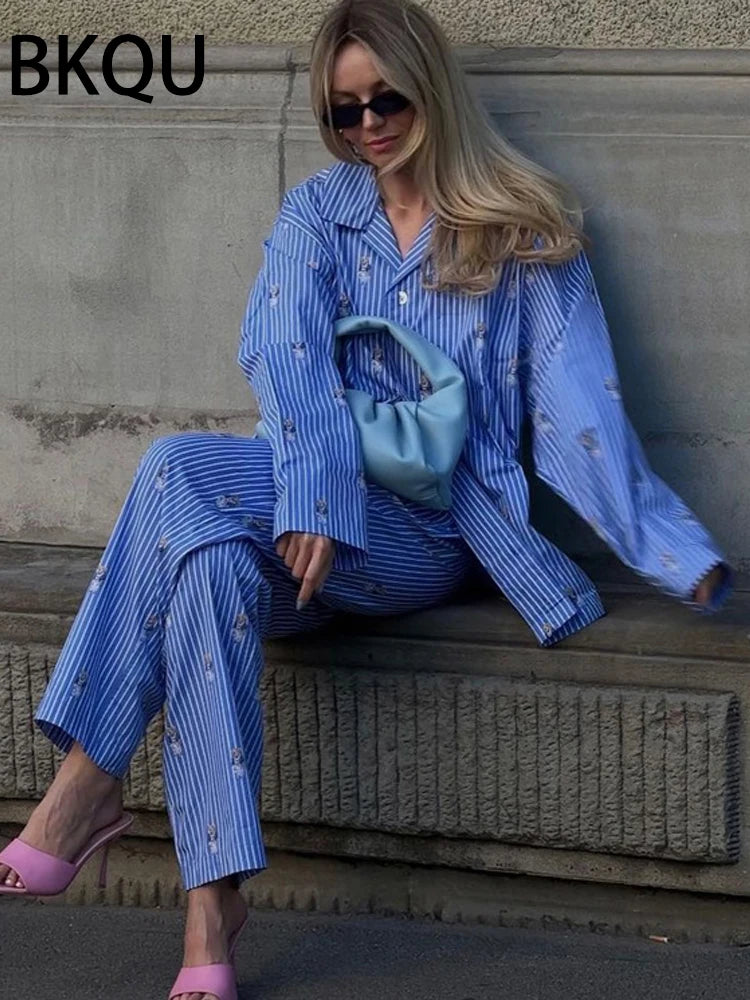 BKQU Striped Pants Set Women Fashion Cartoon Printed Long Sleeve Loose T shirts and High Waist Wide Leg Pant Two Piece Sets 2024