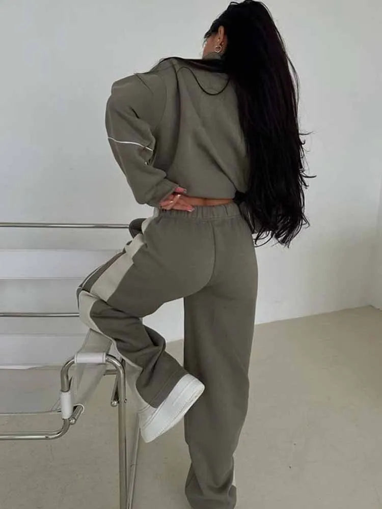 BKQU Contrast-color Women Tracksuits Fashion Two Pieces Zipper Sweatshirt Jacket Pants Sets 2025 New Loose Casual Sporty Outfits