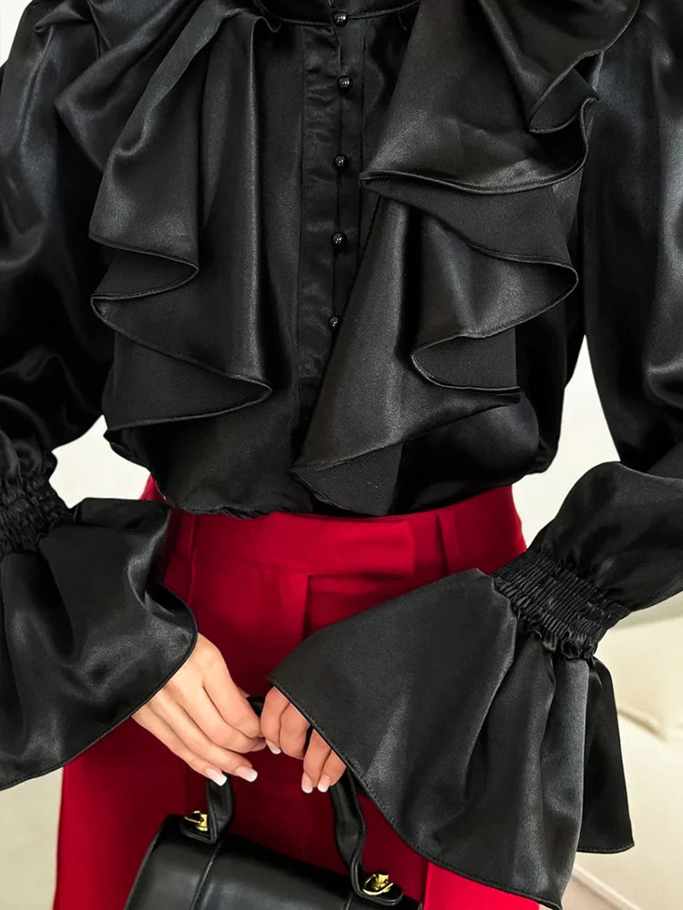 BKQU Satin Woman Ruffles Shirts Elegant Flare Long Sleeves Stand Collar Beading Loose Blouse Office Lady Casual Shirts Tops 2024
