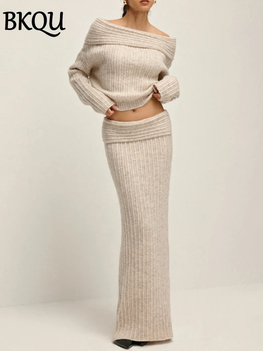 BKQU Knitted Women's Two Pieces Elegant Off Shoulder Sweater Pullover Slim Long Skirt Suit Autumn Winter Party Warm Lady Outfits