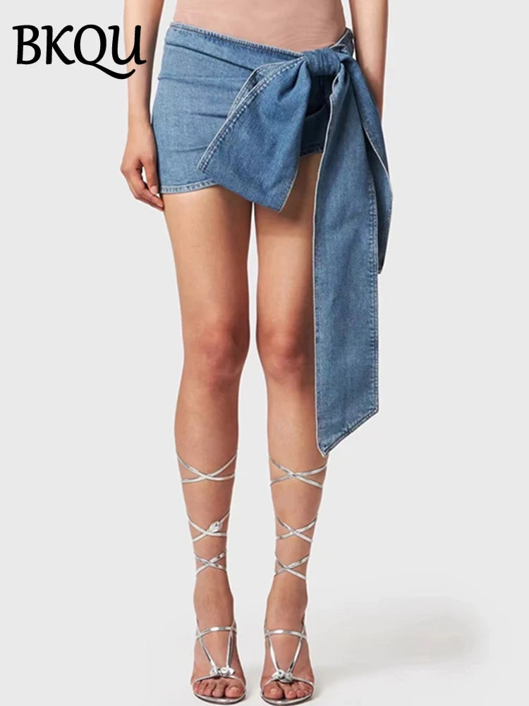 BKQU Women's Micro Skirts Summer Bow Design High Waist Denim Mini Skirts 2024 Sexy Party Nightclub A-line Wrap Penceil Skirt