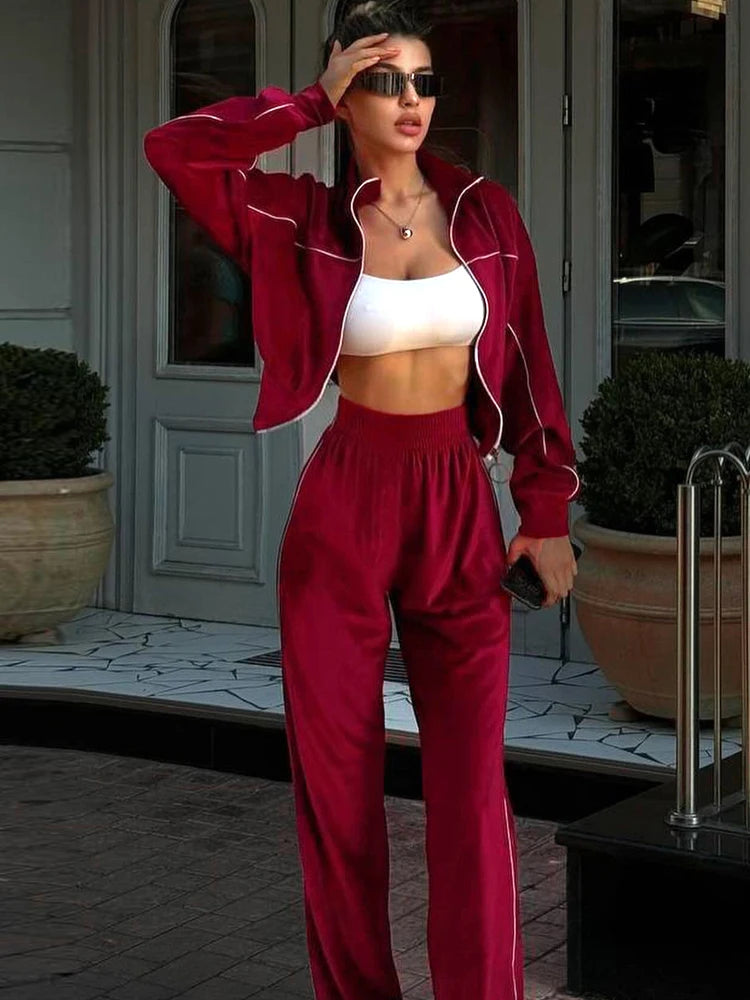 BKQU Zip Up Cropped Velvet Sweatshirts Pants Suits Women 2024 Autumn Winter Long Sleeve Tops Wide Leg Pants Y2k Casual Tracksuit