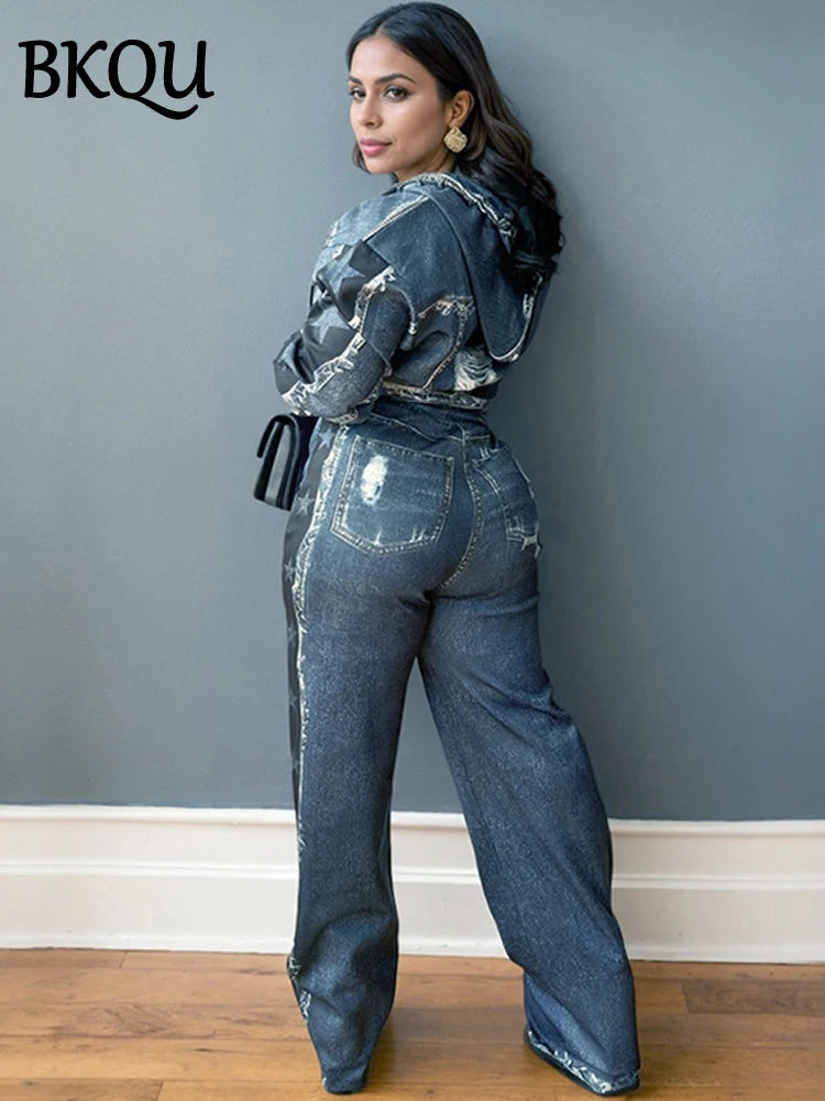 BKQU Printed Fake Denim Women Pants Suit Hooded Cardigan Zipper Jacket and Wide Leg Pants Two Piece Sets Fashion Retro Outfits