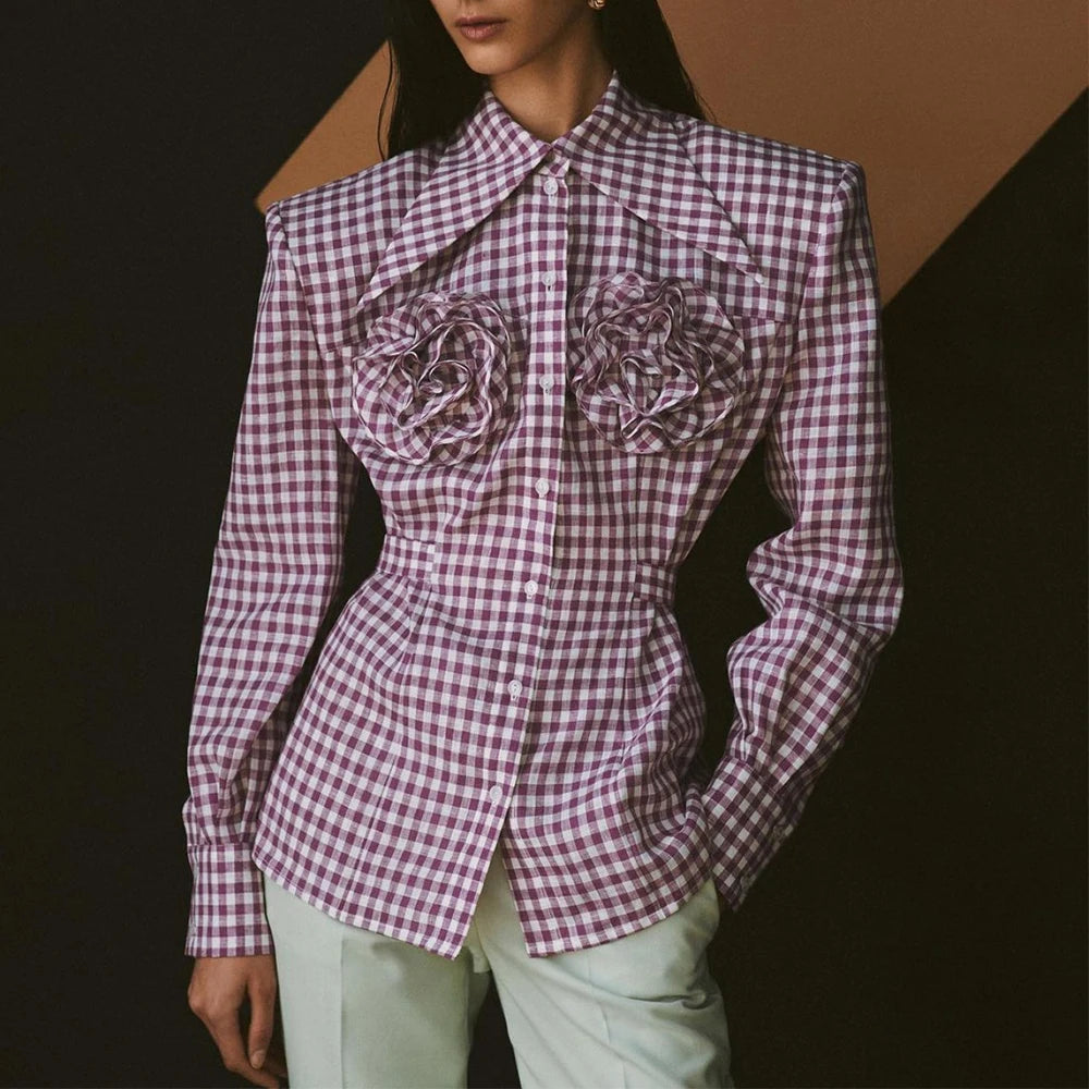 2024 New 3D Three-Dimensional Floral Blouses Women Elegant Long Sleeve Lapel Plaid Shirt Jacket Buttons Wide Shoulder Blouse Top