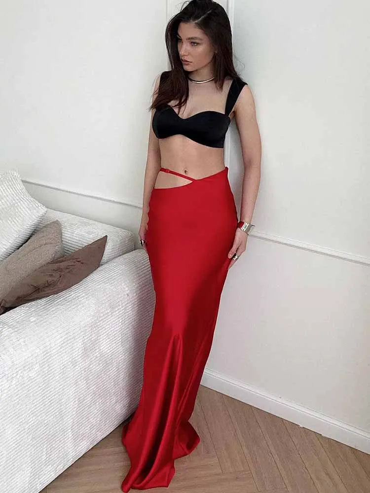 BKQU Elegant Satin Long Skirt Women 2025 Summer Classics Fashion High Waist Slim Hollow Out Maxi Skirts Female Y2k Party Skirts