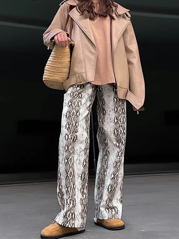 BKQU Snake Printed Fashion Straight Pants Women High Waist Pleated Loose Casual Wide Leg Trousers 2025 Spring Female Streetwear