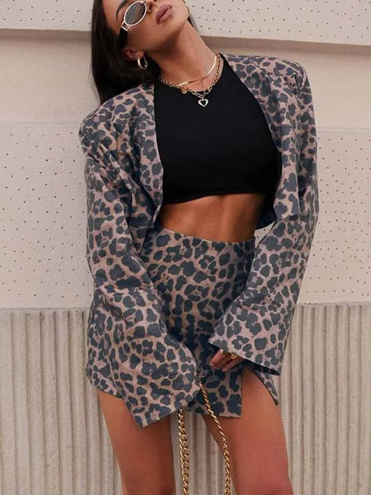 BKQU 2 Pieces Fashion Leopard Print Skirts Sets Women Long Sleeve Crop Jacket And High Waist Side Slit Mini Skirts Outfits 2025
