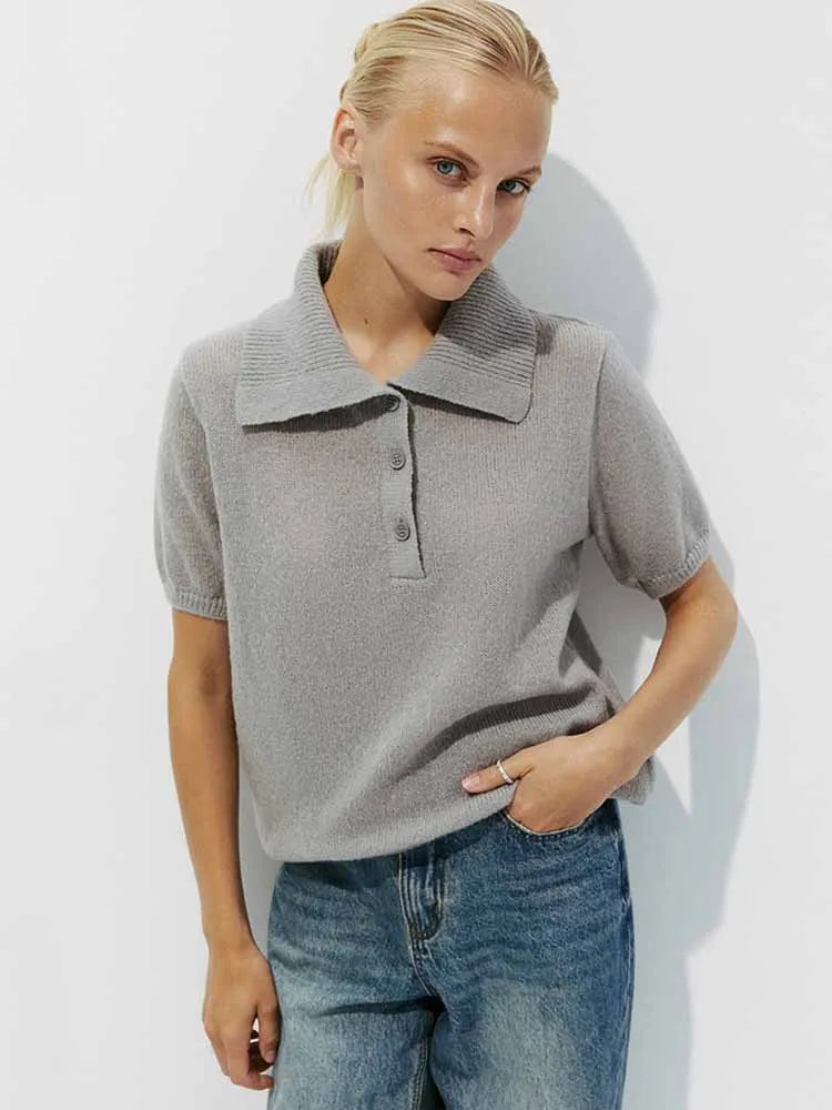 BKQU Knitted Polo Shirt Women Elegant Short Sleeve Loose T-shirt 2025 Summer Multicolour Hollow Out Lapel Knit Pullover Top Y2K