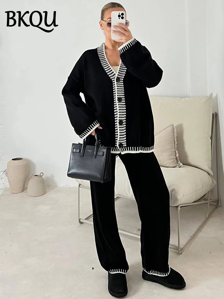BKQU Knitted Two Piece Sets Women V-neck Button Cardigan Sweater Casual Wide Leg Pants Suits Autumn Winter Lady Tracksuit Outfit