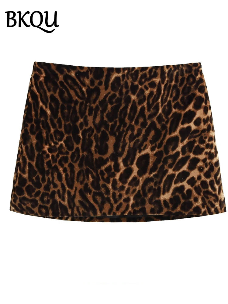 BKQU Leopard Print Blazer Skirt Suit Women Fashion Velvet Long Sleeve Crop Jacket Hip Package Mini Skirt Two Piece Lady Outfits