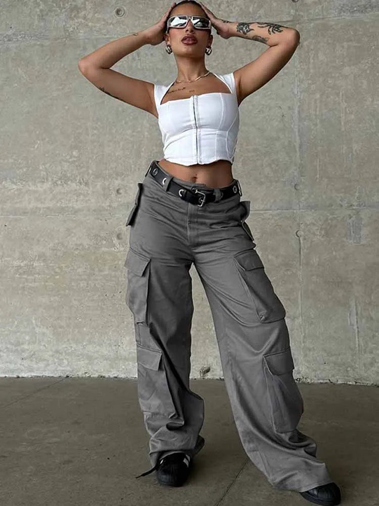 BKQU Multi-pockets Vintage Cargo Pants Women High Waist Straight Leg Baggy Trousers Casual All-Match Streetwear Y2K Sweatpants