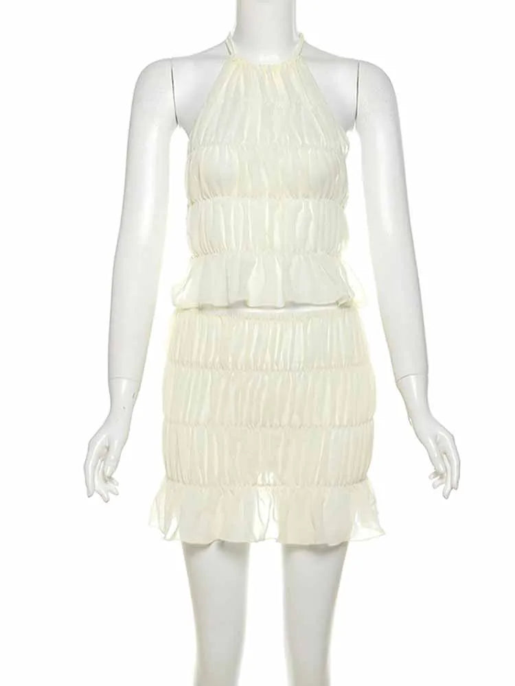 BKQU Ruched Sexy Dress Suit Women Halter Backless Lace Up Tank Tops Ruffle Mini Skirts 2 Piece Set Elegant Mesh Vacation Outfits