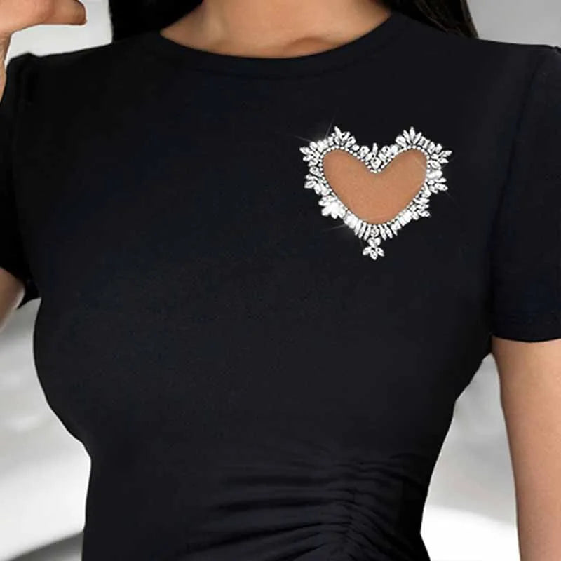 BKQU Rhinestone Fashion T-Shirt Women Y2k Tops Hollow Love Drawstring Casual O-Neck Short Sleeve Tee Tops Daily Streetwear 2025