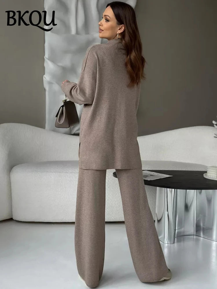 BKQU Knitted Fashion 2 Pieces Sets Women Half Turtleneck Split Sweater Wide Leg Pants Autumn Winter Loose Warm Knitted Outfits