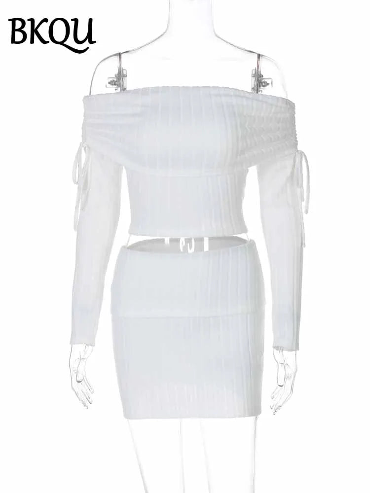 BKQU Sexy Off Shoulder 2 Piece Women Skirt Set Lace Up Long Sleeve Crop Top+Bodycon Mini Skirts Outfit Ladies Elegant Club Party