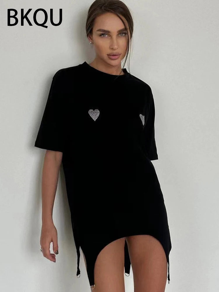 BKQU Black Rhinestone Short Sleeve T-shirt Women Aesthetic Irregular Round Neck Diamond Loose Pullover Basic Tees 2024 Summer