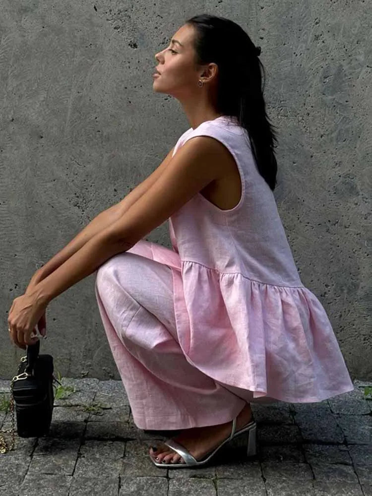 BKQU Fashion Pink Cotton Linen 2 Piece Set Women Summer V-Neck Sleeveless Tank Top High Waist Casual Wide Leg Pants Suits 2025