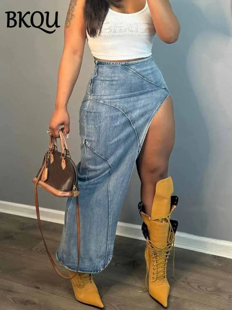 BKQU Irregular Sexy High Split Denim Skirt Women 2025 Summer Blue Fashion Bodycon Zipper Jean Long Skirt Vintage Hipster Bottoms